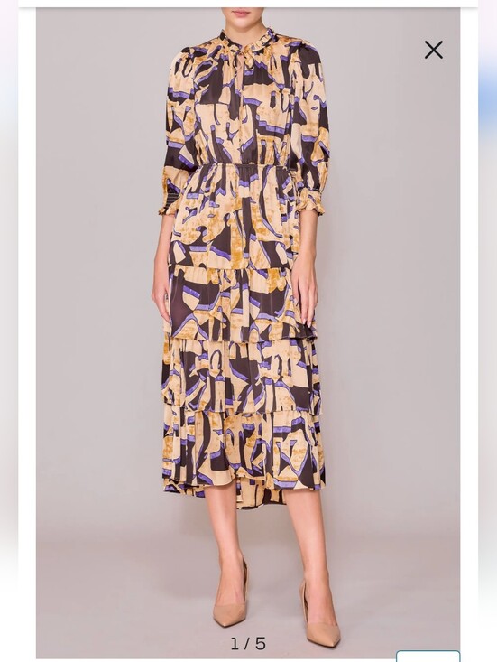 MELLODAY Dresses & Skirts - Melloday Abstract Print Tiered Midi Dress in Beige and Purple